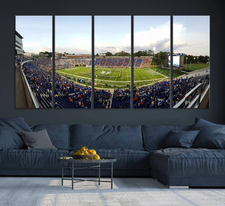 The living room showcases "The Duke University Blue Devils Football Team Print," a split-panel wall art capturing the lively atmosphere of Durham Wallace Wade Stadium. This canvas print is ready to hang and crafted to museum quality standards.