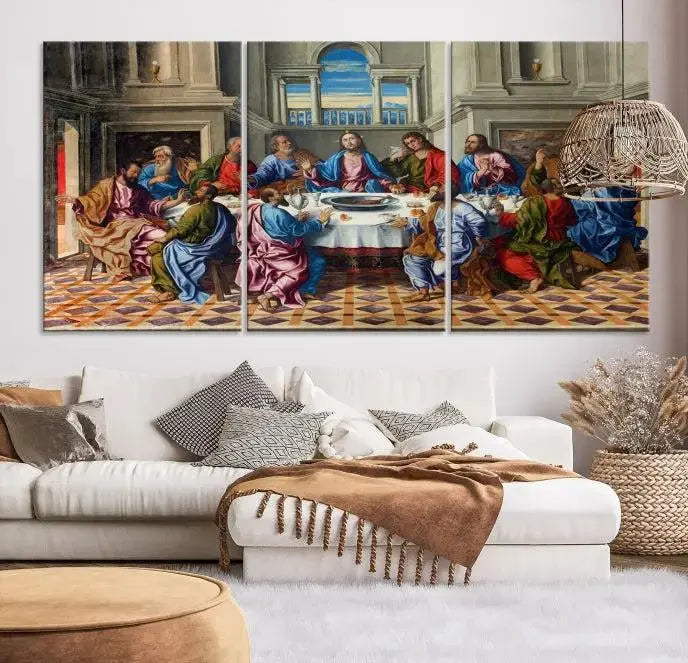 The Last Supper Multi Panel Canvas Wall Art is expertly crafted on museum-quality polycotton canvas. Each panel is enhanced with a UV-protective coating, elegantly displayed on the white wall setting.