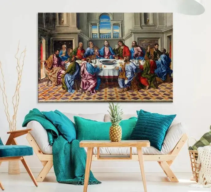 The Last Supper Multi Panel Canvas Wall Art is expertly crafted on museum-quality polycotton canvas. Each panel is enhanced with a UV-protective coating, elegantly displayed on the white wall setting.