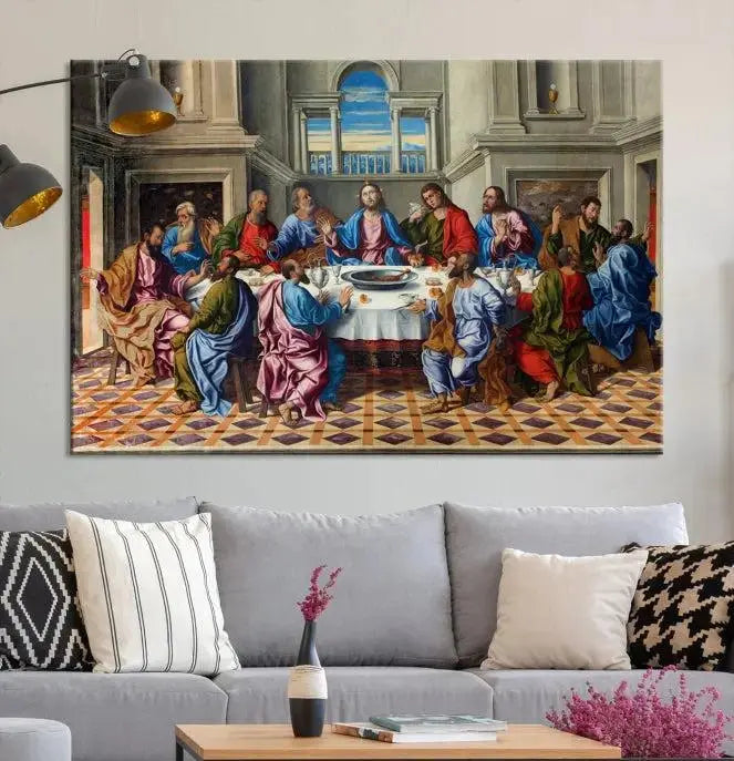 The Last Supper Multi Panel Canvas Wall Art is expertly crafted on museum-quality polycotton canvas. Each panel is enhanced with a UV-protective coating, elegantly displayed on the white wall setting.