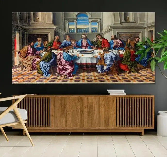 The Last Supper Multi Panel Canvas Wall Art is expertly crafted on museum-quality polycotton canvas. Each panel is enhanced with a UV-protective coating, elegantly displayed on the white wall setting.