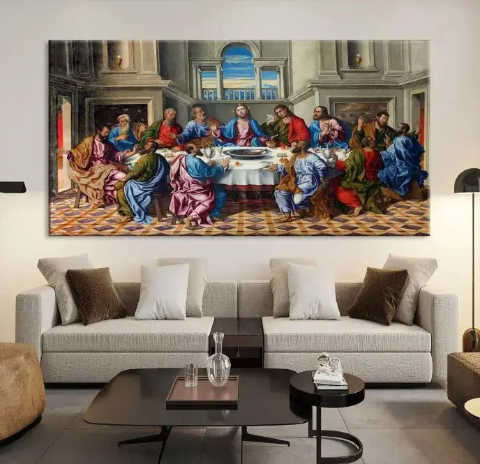 The Last Supper Multi Panel Canvas Wall Art is expertly crafted on museum-quality polycotton canvas. Each panel is enhanced with a UV-protective coating, elegantly displayed on the white wall setting.