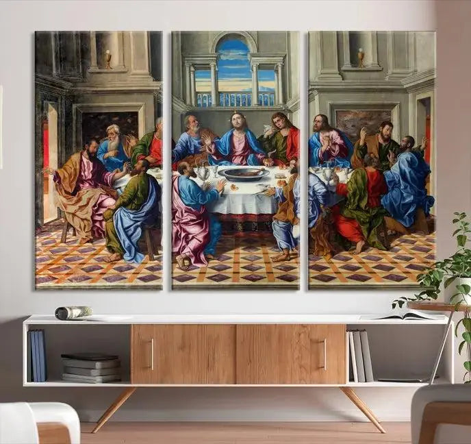 The Last Supper Multi Panel Canvas Wall Art is expertly crafted on museum-quality polycotton canvas. Each panel is enhanced with a UV-protective coating, elegantly displayed on the white wall setting.