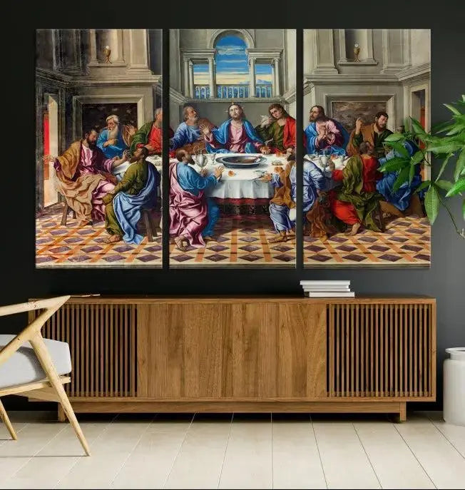 The Last Supper Multi Panel Canvas Wall Art is expertly crafted on museum-quality polycotton canvas. Each panel is enhanced with a UV-protective coating, elegantly displayed on the white wall setting.