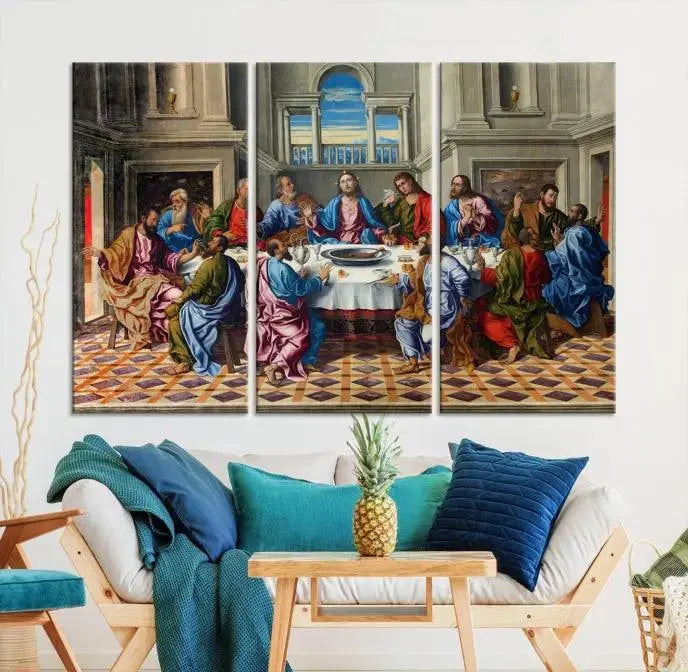 The Last Supper Multi Panel Canvas Wall Art is expertly crafted on museum-quality polycotton canvas. Each panel is enhanced with a UV-protective coating, elegantly displayed on the white wall setting.