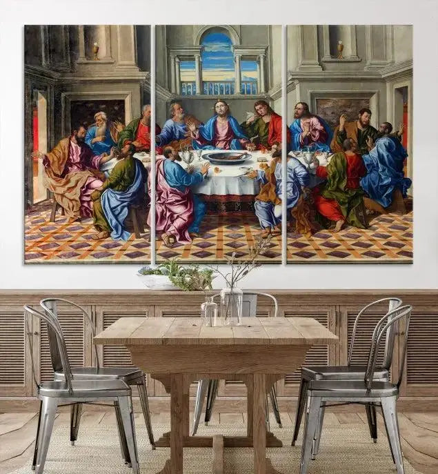 The Last Supper Multi Panel Canvas Wall Art is expertly crafted on museum-quality polycotton canvas. Each panel is enhanced with a UV-protective coating, elegantly displayed on the white wall setting.