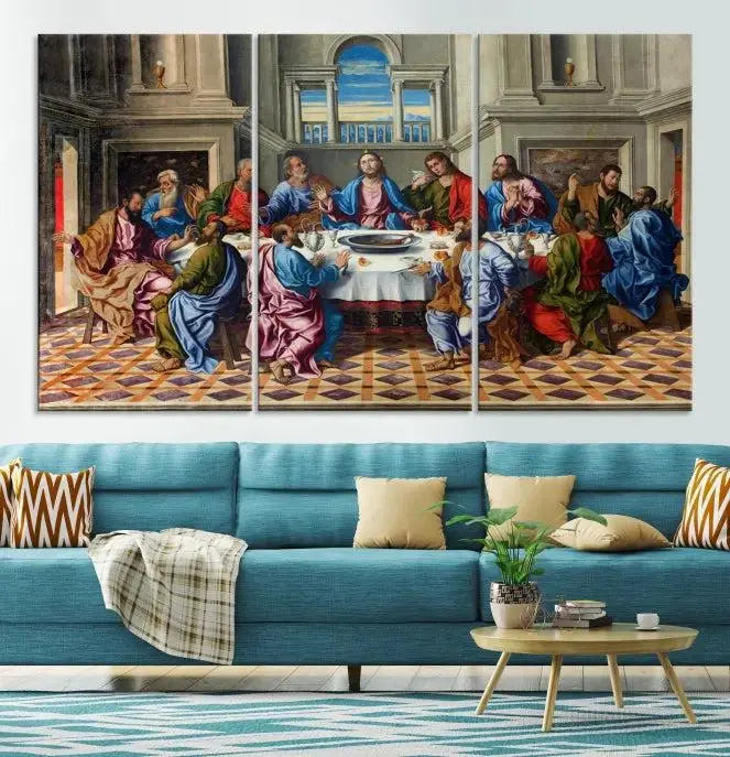 The Last Supper Multi Panel Canvas Wall Art is expertly crafted on museum-quality polycotton canvas. Each panel is enhanced with a UV-protective coating, elegantly displayed on the white wall setting.