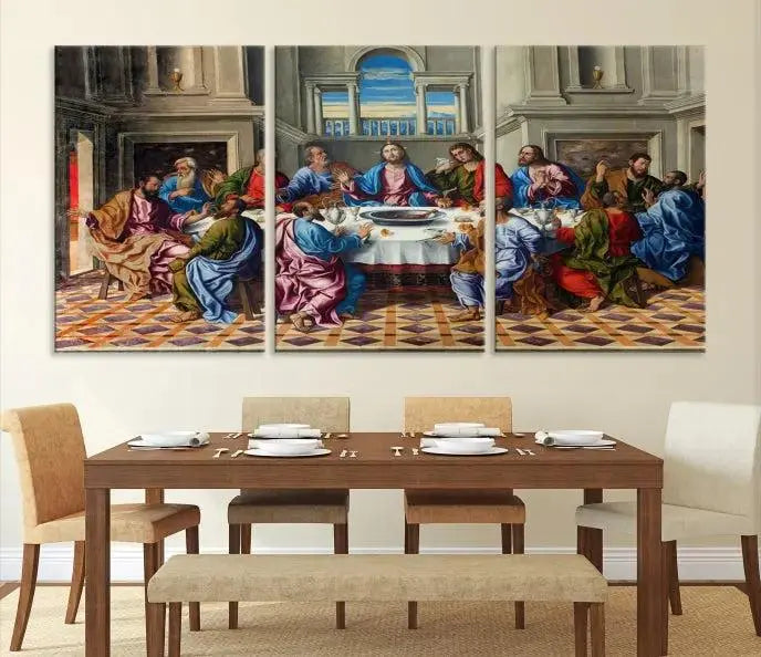 The Last Supper Multi Panel Canvas Wall Art is expertly crafted on museum-quality polycotton canvas. Each panel is enhanced with a UV-protective coating, elegantly displayed on the white wall setting.