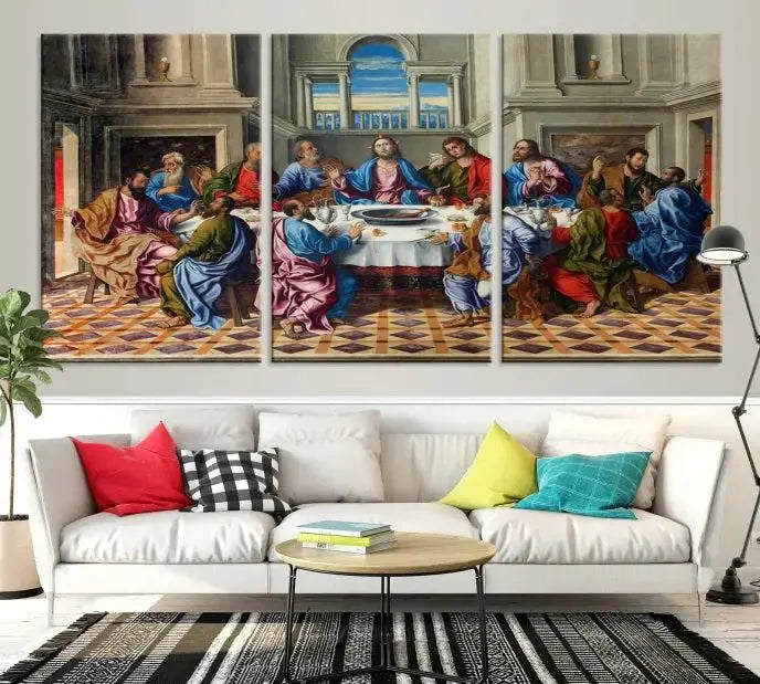 The Last Supper Multi Panel Canvas Wall Art is expertly crafted on museum-quality polycotton canvas. Each panel is enhanced with a UV-protective coating, elegantly displayed on the white wall setting.