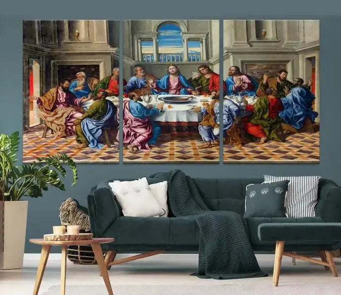 The Last Supper Multi Panel Canvas Wall Art is expertly crafted on museum-quality polycotton canvas. Each panel is enhanced with a UV-protective coating, elegantly displayed on the white wall setting.