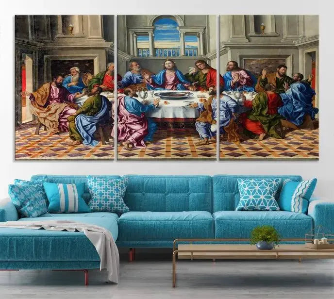 The Last Supper Multi Panel Canvas Wall Art is expertly crafted on museum-quality polycotton canvas. Each panel is enhanced with a UV-protective coating, elegantly displayed on the white wall setting.