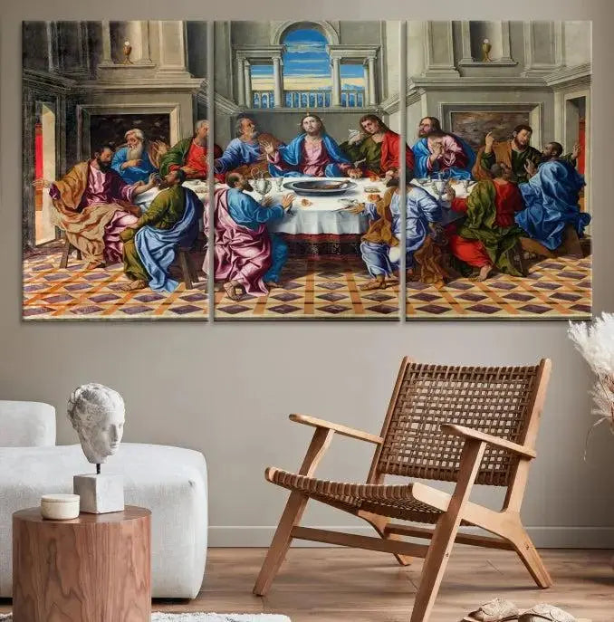 The Last Supper Multi Panel Canvas Wall Art is expertly crafted on museum-quality polycotton canvas. Each panel is enhanced with a UV-protective coating, elegantly displayed on the white wall setting.