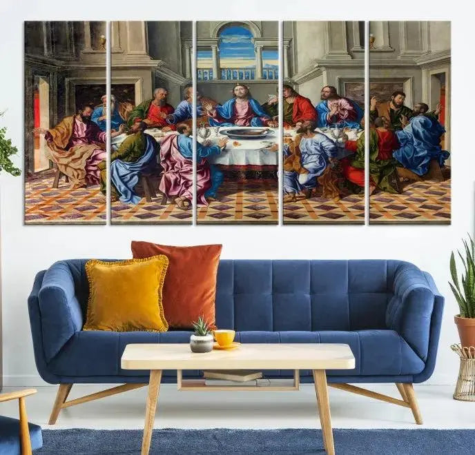 The Last Supper Multi Panel Canvas Wall Art is expertly crafted on museum-quality polycotton canvas. Each panel is enhanced with a UV-protective coating, elegantly displayed on the white wall setting.