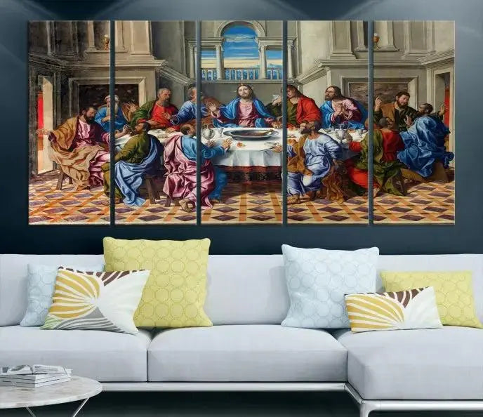 The Last Supper Multi Panel Canvas Wall Art is expertly crafted on museum-quality polycotton canvas. Each panel is enhanced with a UV-protective coating, elegantly displayed on the white wall setting.