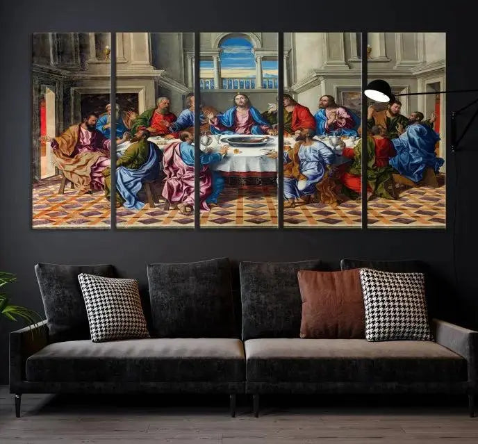 The Last Supper Multi Panel Canvas Wall Art is expertly crafted on museum-quality polycotton canvas. Each panel is enhanced with a UV-protective coating, elegantly displayed on the white wall setting.