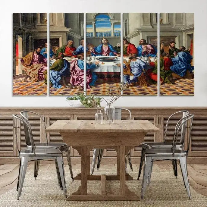 The Last Supper Multi Panel Canvas Wall Art is expertly crafted on museum-quality polycotton canvas. Each panel is enhanced with a UV-protective coating, elegantly displayed on the white wall setting.