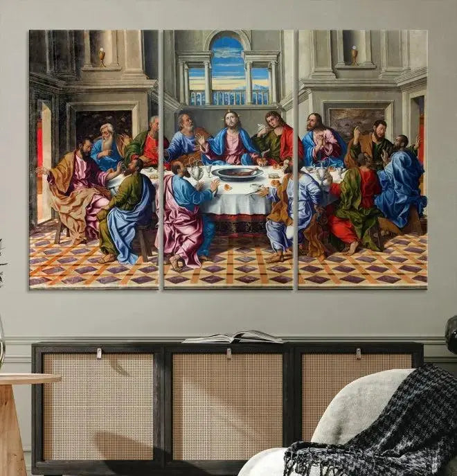 The Last Supper Multi Panel Canvas Wall Art is expertly crafted on museum-quality polycotton canvas. Each panel is enhanced with a UV-protective coating, elegantly displayed on the white wall setting.