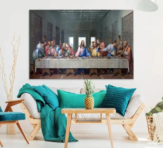 The room showcases The Last Supper Multi Panel Canvas Wall Art displayed above the couch, printed on museum-quality polycotton canvas.