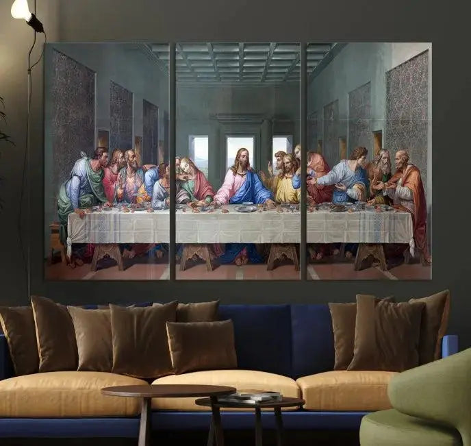 The room showcases The Last Supper Multi Panel Canvas Wall Art displayed above the couch, printed on museum-quality polycotton canvas.