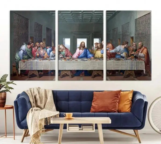 The room showcases The Last Supper Multi Panel Canvas Wall Art displayed above the couch, printed on museum-quality polycotton canvas.