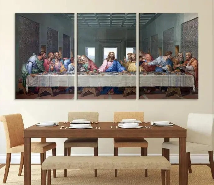 The room showcases The Last Supper Multi Panel Canvas Wall Art displayed above the couch, printed on museum-quality polycotton canvas.