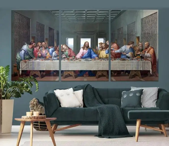 The room showcases The Last Supper Multi Panel Canvas Wall Art displayed above the couch, printed on museum-quality polycotton canvas.