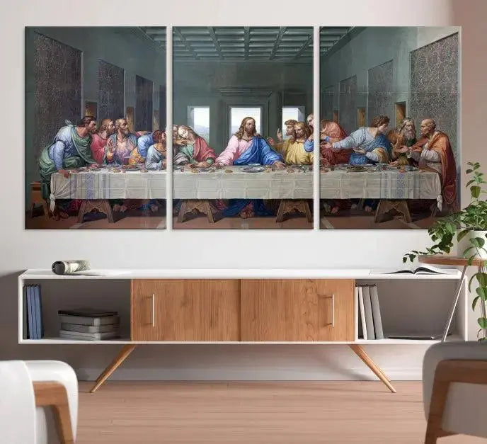 The room showcases The Last Supper Multi Panel Canvas Wall Art displayed above the couch, printed on museum-quality polycotton canvas.