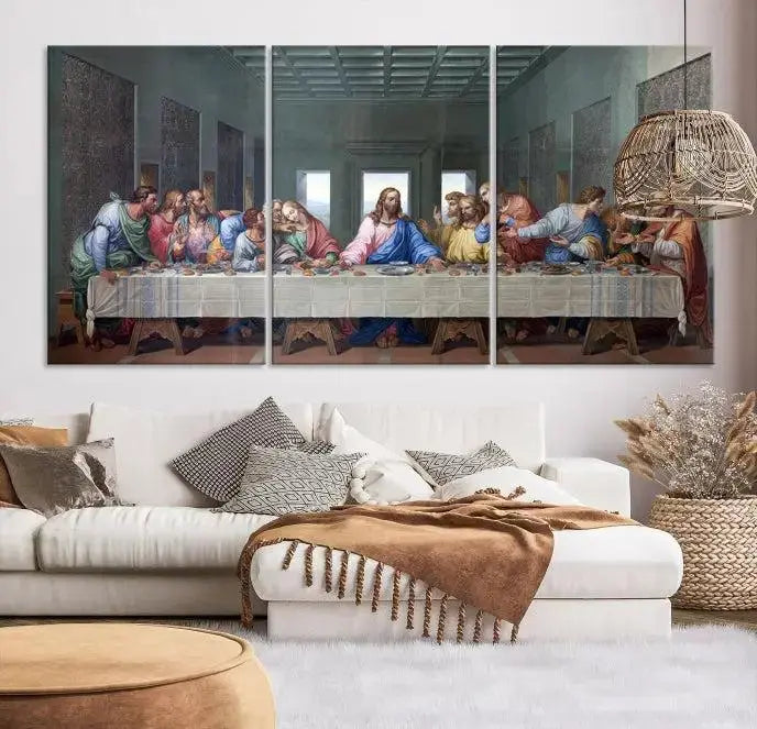 The room showcases The Last Supper Multi Panel Canvas Wall Art displayed above the couch, printed on museum-quality polycotton canvas.