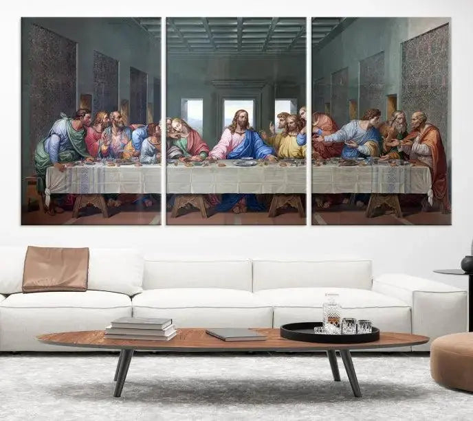 The room showcases The Last Supper Multi Panel Canvas Wall Art displayed above the couch, printed on museum-quality polycotton canvas.