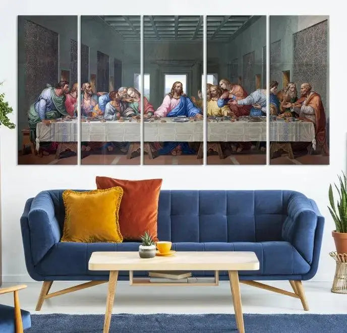 The room showcases The Last Supper Multi Panel Canvas Wall Art displayed above the couch, printed on museum-quality polycotton canvas.