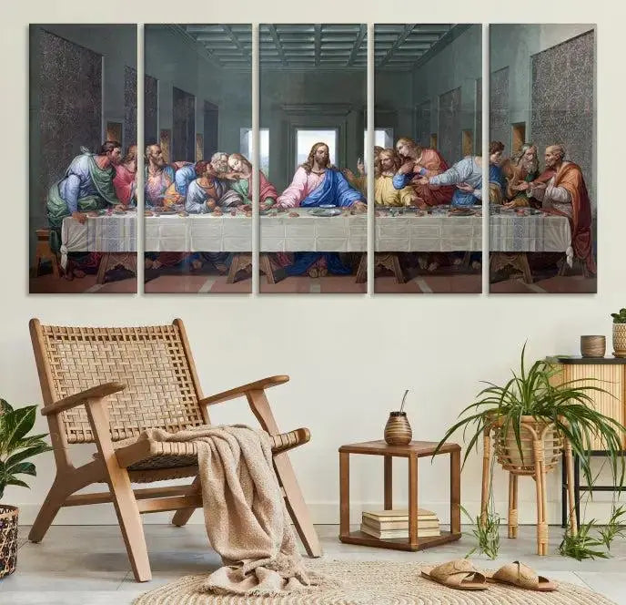 The room showcases The Last Supper Multi Panel Canvas Wall Art displayed above the couch, printed on museum-quality polycotton canvas.