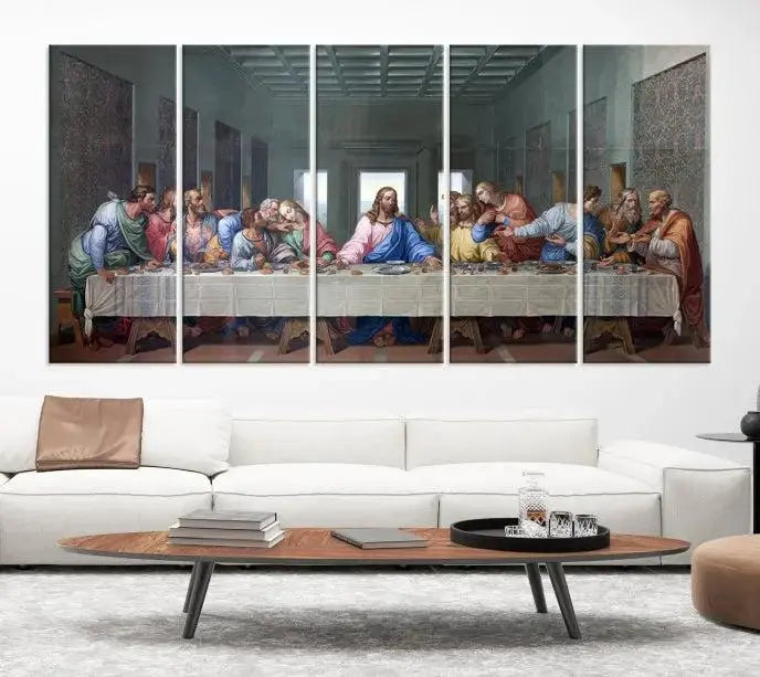 The room showcases The Last Supper Multi Panel Canvas Wall Art displayed above the couch, printed on museum-quality polycotton canvas.