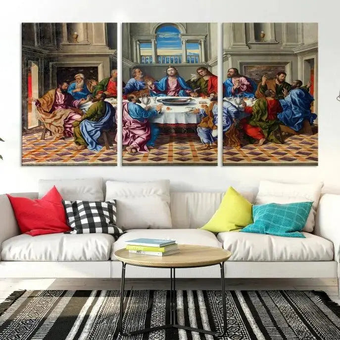 The Last Supper Multi Panel Canvas Wall Art," elegantly hung on the wall, features museum-quality canvases with a UV-protective coating.