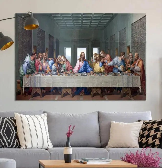 A triptych called The Last Supper Multi Panel Canvas Wall Art, printed on gallery-wrapped museum-quality polycotton canvas, is displayed in a modern living room.