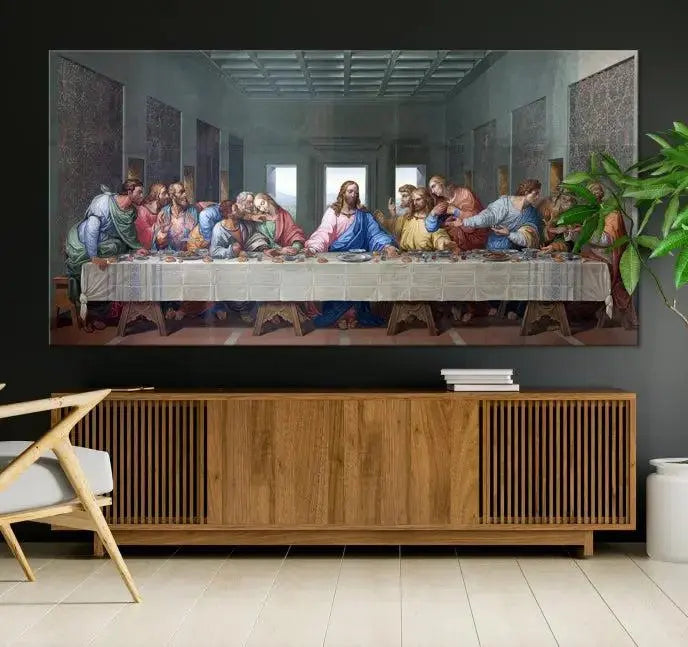 A triptych called The Last Supper Multi Panel Canvas Wall Art, printed on gallery-wrapped museum-quality polycotton canvas, is displayed in a modern living room.