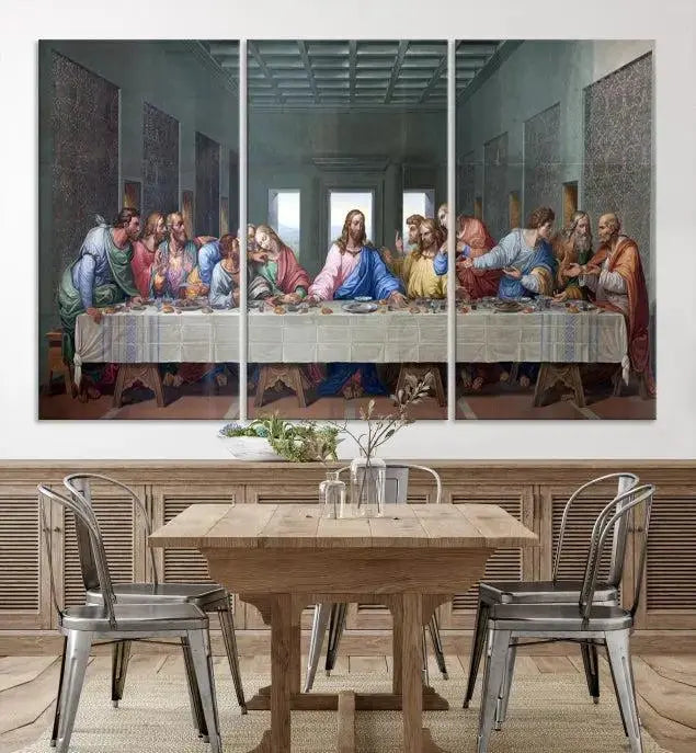 A triptych called The Last Supper Multi Panel Canvas Wall Art, printed on gallery-wrapped museum-quality polycotton canvas, is displayed in a modern living room.