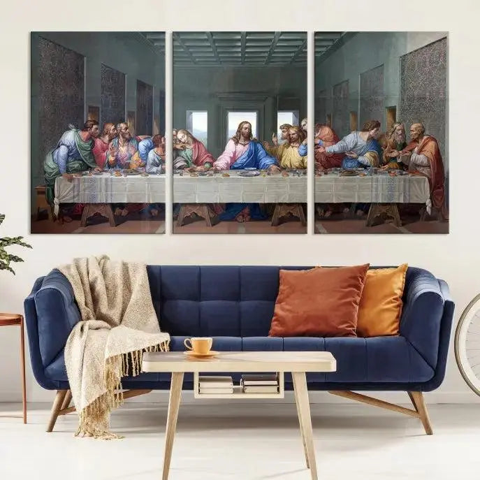 A triptych called The Last Supper Multi Panel Canvas Wall Art, printed on gallery-wrapped museum-quality polycotton canvas, is displayed in a modern living room.