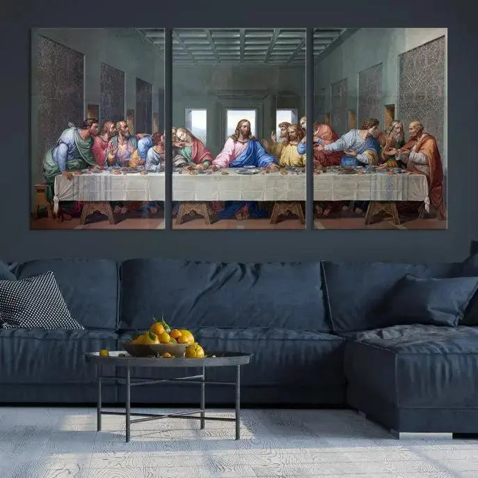 A triptych called The Last Supper Multi Panel Canvas Wall Art, printed on gallery-wrapped museum-quality polycotton canvas, is displayed in a modern living room.