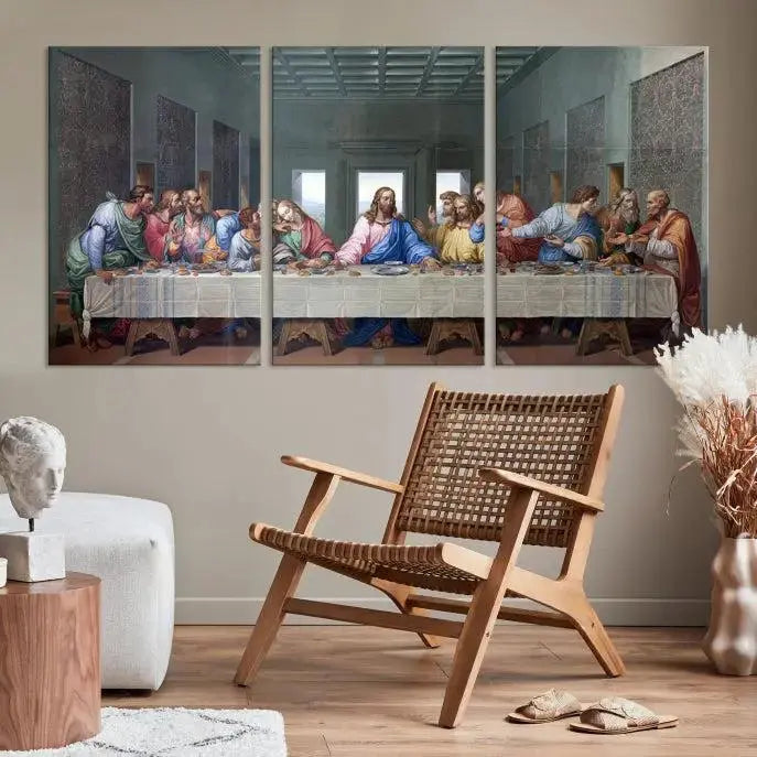 A triptych called The Last Supper Multi Panel Canvas Wall Art, printed on gallery-wrapped museum-quality polycotton canvas, is displayed in a modern living room.