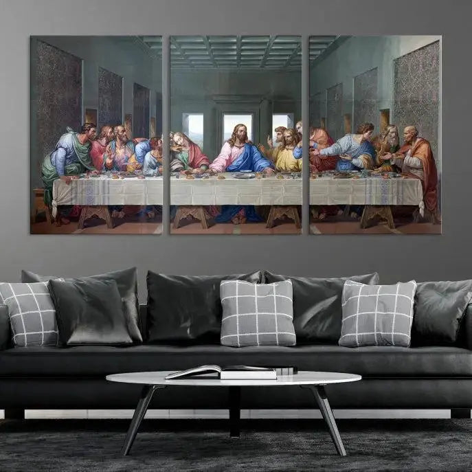 A triptych called The Last Supper Multi Panel Canvas Wall Art, printed on gallery-wrapped museum-quality polycotton canvas, is displayed in a modern living room.