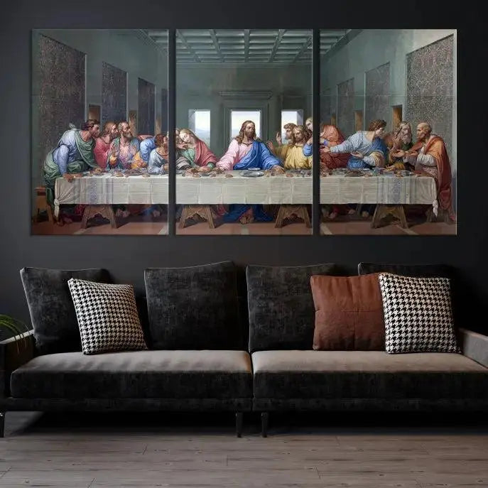 A triptych called The Last Supper Multi Panel Canvas Wall Art, printed on gallery-wrapped museum-quality polycotton canvas, is displayed in a modern living room.