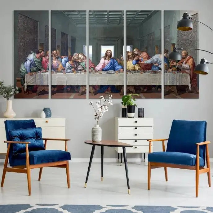 A triptych called The Last Supper Multi Panel Canvas Wall Art, printed on gallery-wrapped museum-quality polycotton canvas, is displayed in a modern living room.