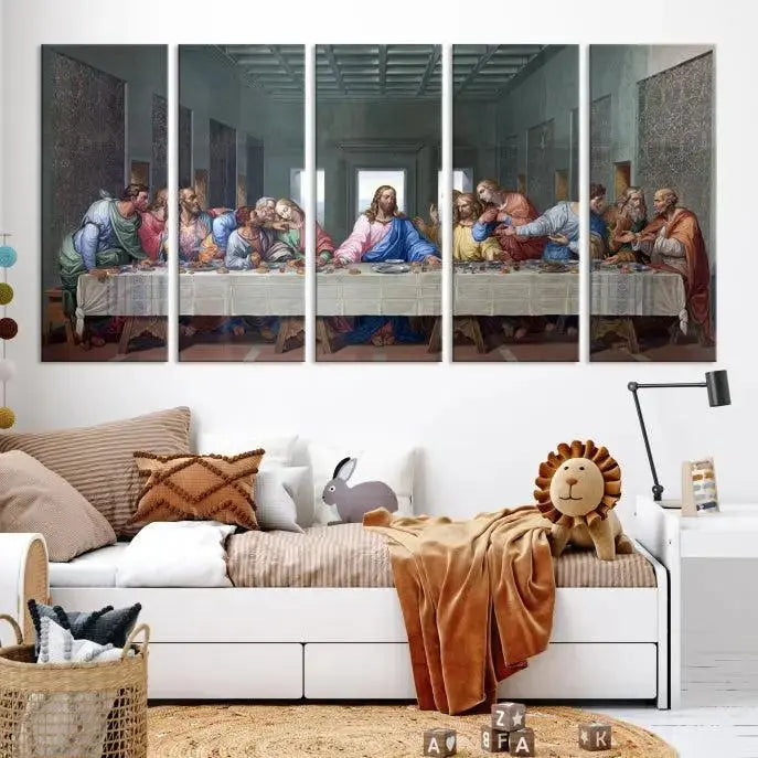 A triptych called The Last Supper Multi Panel Canvas Wall Art, printed on gallery-wrapped museum-quality polycotton canvas, is displayed in a modern living room.