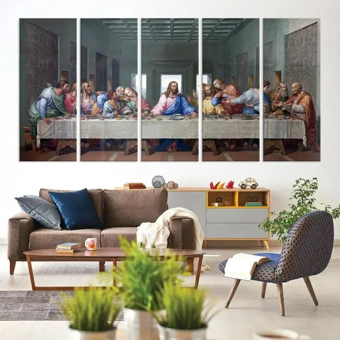 A triptych called The Last Supper Multi Panel Canvas Wall Art, printed on gallery-wrapped museum-quality polycotton canvas, is displayed in a modern living room.