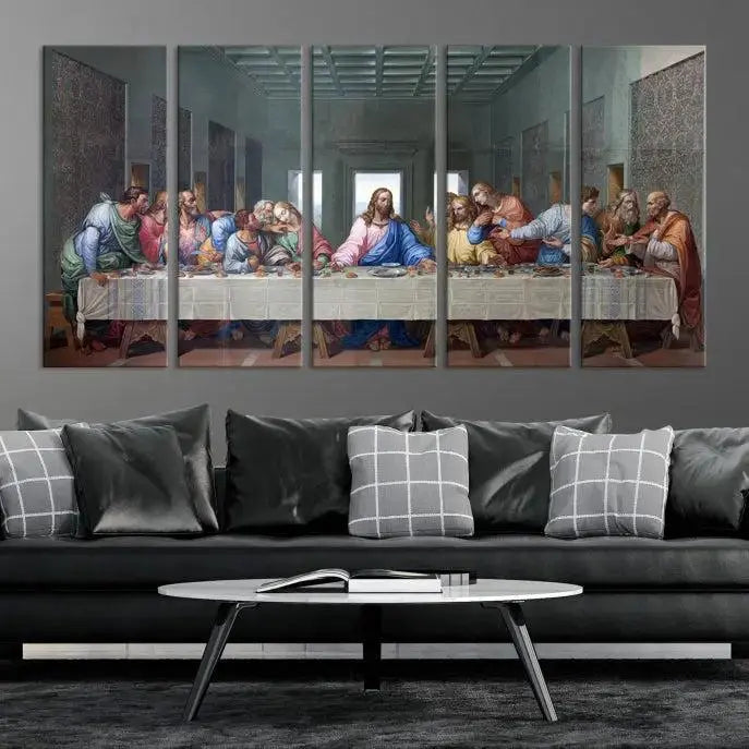 A triptych called The Last Supper Multi Panel Canvas Wall Art, printed on gallery-wrapped museum-quality polycotton canvas, is displayed in a modern living room.