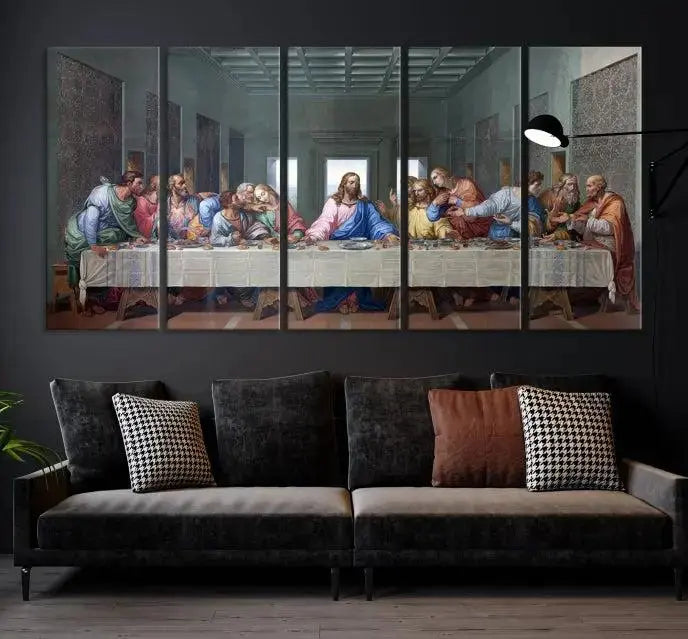 A triptych called The Last Supper Multi Panel Canvas Wall Art, printed on gallery-wrapped museum-quality polycotton canvas, is displayed in a modern living room.