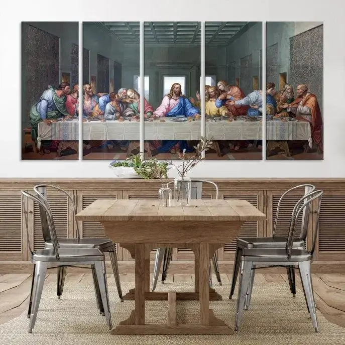 A triptych called The Last Supper Multi Panel Canvas Wall Art, printed on gallery-wrapped museum-quality polycotton canvas, is displayed in a modern living room.