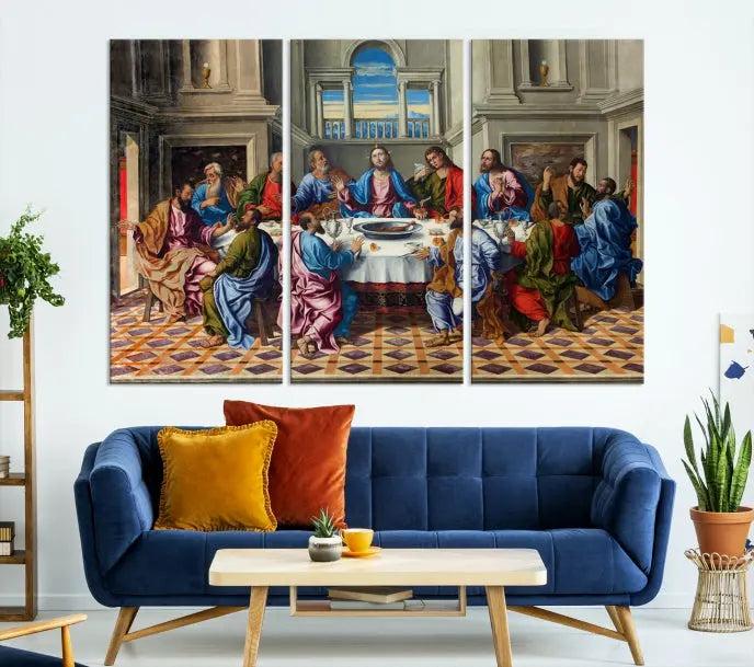 The Last Supper Multi Panel Canvas Wall Art is expertly crafted on museum-quality polycotton canvas. Each panel is enhanced with a UV-protective coating, elegantly displayed on the white wall setting.