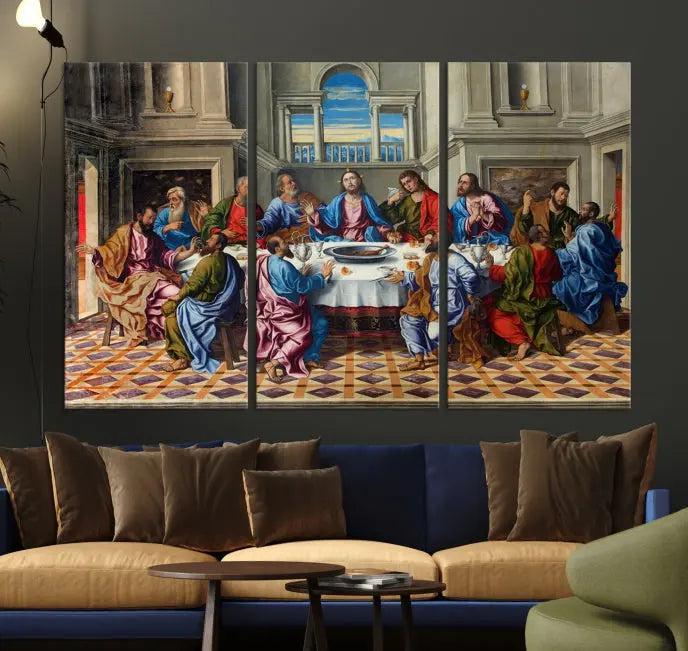 The Last Supper Multi Panel Canvas Wall Art is expertly crafted on museum-quality polycotton canvas. Each panel is enhanced with a UV-protective coating, elegantly displayed on the white wall setting.