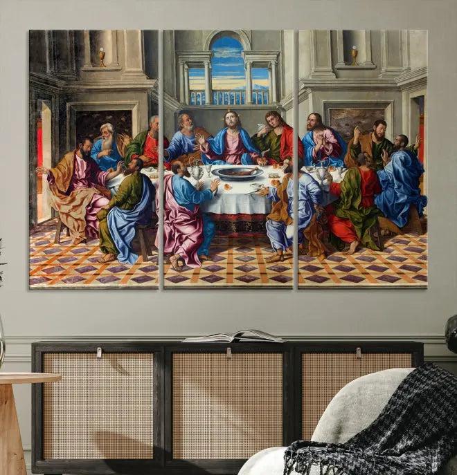 The Last Supper Multi Panel Canvas Wall Art is expertly crafted on museum-quality polycotton canvas. Each panel is enhanced with a UV-protective coating, elegantly displayed on the white wall setting.